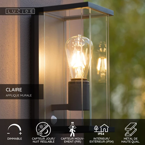 Lucide CLAIRE - Applique murale Intérieur/Extérieur - 1xE27 - IP54- Détecteur De Mouvement & Jour/Nuit - Anthracite - USP